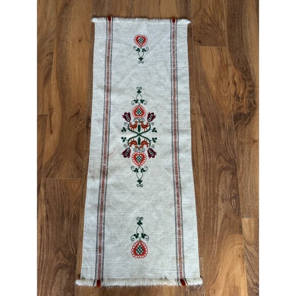 Handwoven Embroidered Linen Table Runner With Floral Motif & Fringed Edges 35" - Picture 1 of 5